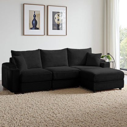 Modular Sectional Sofa Couch, Plush Corduroy Fabric Sectional Couches for Living Room with USB Charging Ports, Phone Holders, and Multi-Functional Storage Armrests (Black, 3set+1ottoman)