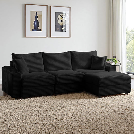 Modular Sectional Sofa Couch, Plush Corduroy Fabric Sectional Couches for Living Room with USB Charging Ports, Phone Holders, and Multi-Functional Storage Armrests (Black, 3set+1ottoman)