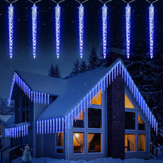 Brightown Christmas Meteor Shower Icicle Lights Outdoor, 2 Pack Total 40ft with 40 Large Tube 960 LED Dropping Effect, Waterproof Decorations for House Eave Roofline, Blue