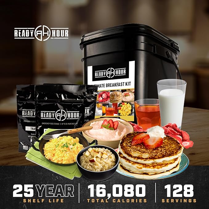 Ready Hour Breakfast Bucket (128 Servings), Emergency Food Supply, Emergency Food Kit, 25-Year Shelf Life Food, Survival Food Buckets, Long-Lasting Food Supply, Flood-Safe Container