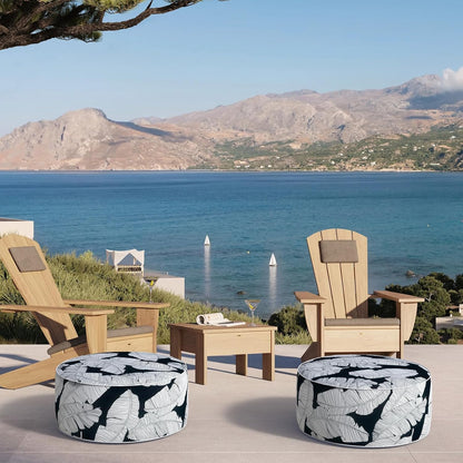 Inflatable Ottoman Stool D21 xH9 for Outdoor/Indoor Use, Water Repellent Patio Foot Rest Stool with Portable Handle,Round Pouf Ottoman Suitable for Garden,Deck and Camping - Black Leaves