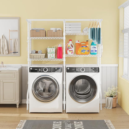 U14 Over Washer and Dryer Storage Shelves, 4 Tiers Laundry Room Storage and Organizer System, Space Saving Clothes Drying Rack with 2 Clothes Hanger Rods, 66.5" W x 20.5" D x 77.4" H, White