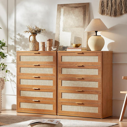 LEYAOYAO Dresser for Bedroom, 41" Tall Chest of Drawers, Modern 5 Drawers Boho Rattan Dressers with Storage, Dresser Wooden Closet Organizer for Living Room, Hallway, Tea Brown