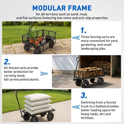 Yesker Steel Garden Carts - 800lbs Dump Wagon with All Terrain Inflatable Wheels for Yard Lawn Farms Gardening - Heavy Duty Utility Outdoor Hauling Wheelbarrow