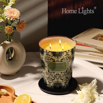 HomeLights Soy Wax Candles for Home Scented, 3-Wick Candles in English Pear & Suede Scented, Bohemian Natural Textures Aromatherapy Candles Gift for Parties, Relaxing, 34oz