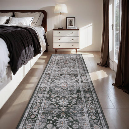AMOAMI-2X6 Runner Rug-Washable Runners for Hallways-Soft Non Slip Bedside Rugs for Bedroom-Vintage Long Rug for Hallways Entryway Laundry Room Stair Kitchen Bathroom Dark Grey & Black