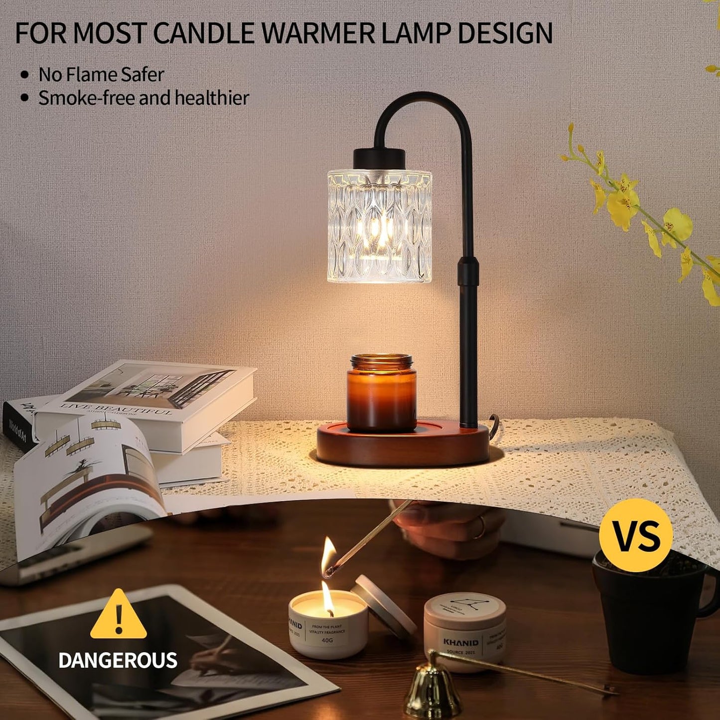 Black Candle Warmer Lamp with Dimmer and Timer,Home Decor Lamp for Scented Jar,Electric Wax Melt Warmer,Mother's Day/Birthday/Christmas Gifts for Mom/Wife,Adjustable Height,with 2 Bulbs