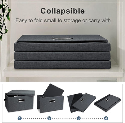 Medium 15" 21 Quart Collapsible Stackable Storage Bins with Lids, 3 Packs Dark Grey Foldable Fabric Closet Boxes Heavy-duty Linen Cube Baskets Container for Bedroom Office (15 x 11 x 8)