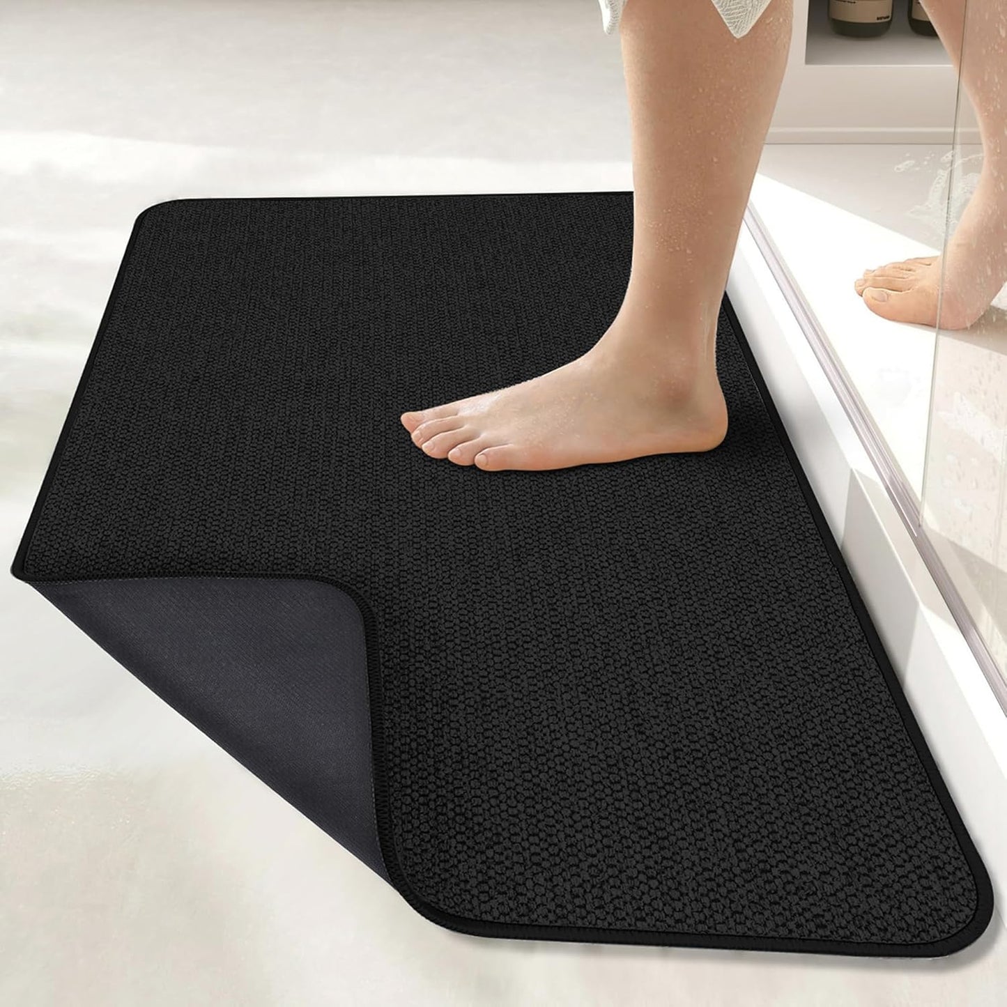 Bath Mat,Ultra Thin Bathroom Rugs,Rubber Bath Mats for Bathroom,No Slip Bath Rugs,Quick Dry,Machine Washable,Low Pile,Absorbent,Shower Outside,Sink,Home Decor Accessories.Black,1'5"x2'3"(17x27inch)