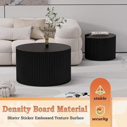 Round Nesting Coffee Table Modern Fluted Coffee Table Set of 2 Circle Drum Coffee Tables Small Round Accent Side End Table for Living Room No Assembly (Black B 27in)