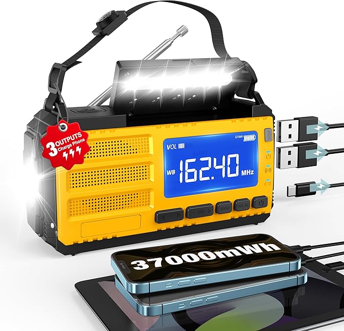 10000mAh Emergency Hand Crank Radio, AM/FM/NOAA Weather Alert, Solar Powered, 4 Charging Methods, 3-Mode Flashlight, Reading Lamp, SOS Alarm, Phone Charger, Orange
