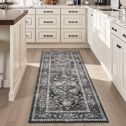 AMOAMI-2X10 Runner Rug-Washable Runners for Hallways-Soft Non Slip Bedside Rugs for Bedroom-Vintage Long Rug for Hallways Entryway Laundry Room Stair Kitchen Bathroom Dark Grey & Black