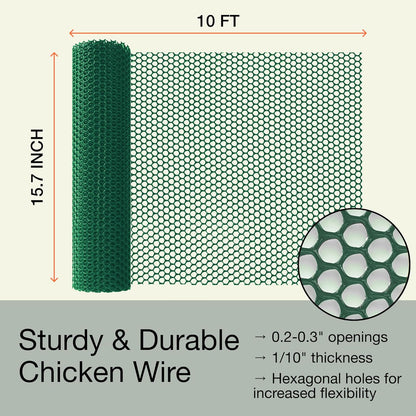 MaPorch Plastic Wire Mesh Fence - Green, 15.71" x 10 ft, 2 Pack - Plastic Chicken Wire Fencing for Dogs, Rabbits & Poultry - Chicken Netting Barrier - Balcony Netting for Pets - Balcony Cat Barrier