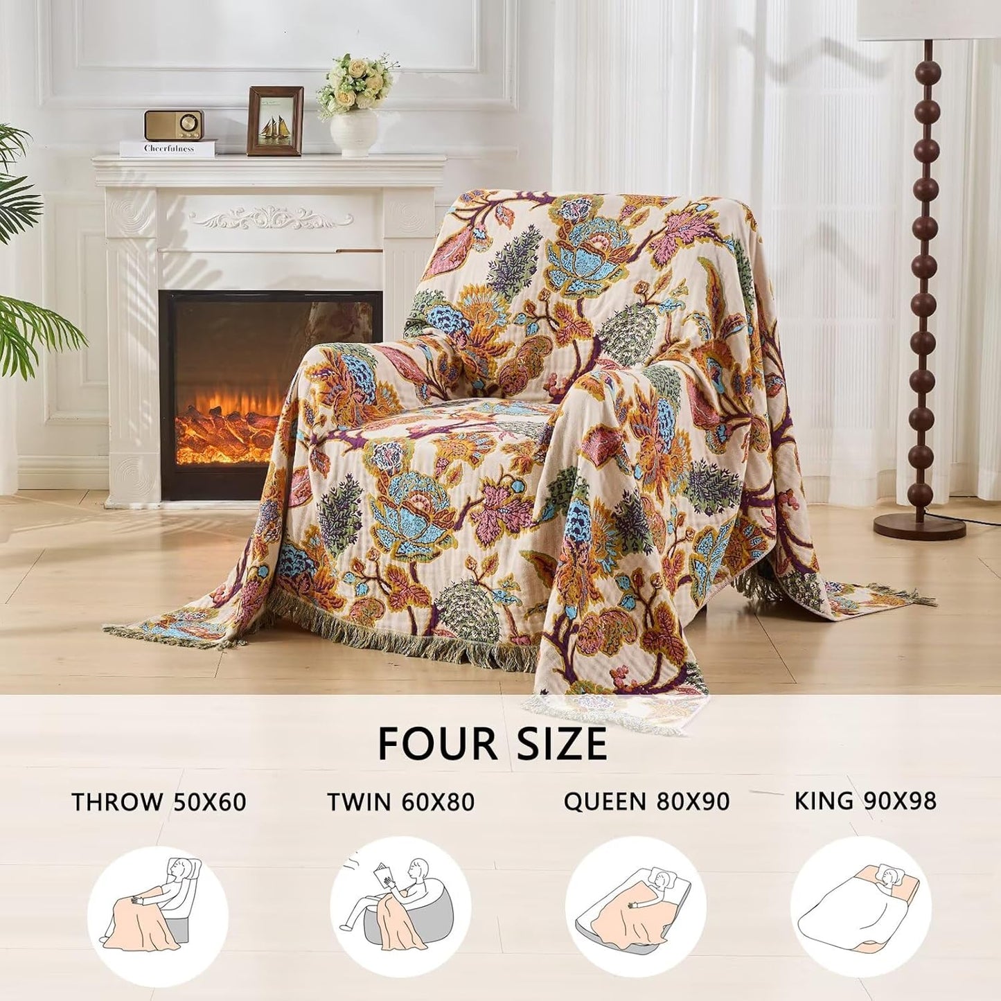 Boho Throw Blanket for Bed, Lightweight Reversible Summer Quilt, Cotton Blanket, Queen Size Boho Floral Bird Colorful Retro Quilt Ultra Soft Reversible Gauze Blanket for All Season, 80"x90"