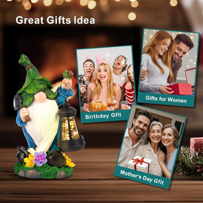 Solar Gnome Garden Figurine Yard Lights with Solar Lights Lantern & Shovel - Outdoor Yard Art Lawn Ornaments for Porch Patio Balcony - Gnome Gifts for Women Mom