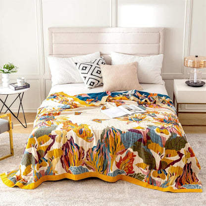 Boho Throw Blanket for Couch 100% Cotton Throw Floral Bed Blanket 80''x90'',Cotton Quilts Travel Knitted Muslin Blanket Home Decor Cozy Blankets for Women