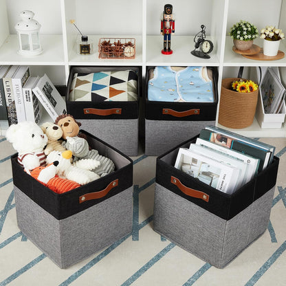 HNZIGE Cube Storage Baskets,Fabric Storage Cubes 12 x 12, Set of 4,Decorative Storage Baskets for Organizing with Handles,Closet Bins for Shelf Organizer Home Toy Nursery Closet(Black Gray)