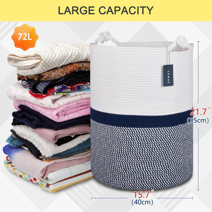 COMSE Extra Large Blanket Basket, Tall Woven Storage Basket, Nursery Hamper, 15.7”x 21.7”, Cotton Rope Laundry Hamper for Toys Clothes Towels, Blend White/Navy Blue