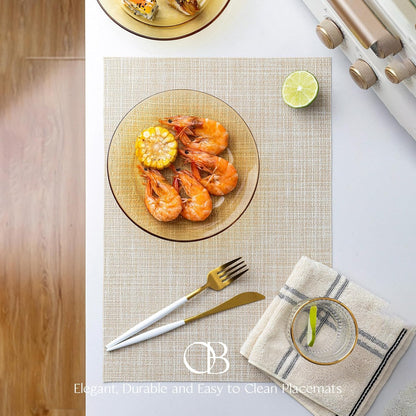 Placemats Set of 8 - Easy Clean Woven Vinyl Placemat for Dining Table, Indoor/Outdoor Place Mats, Washable PVC Table Mats（Beige）