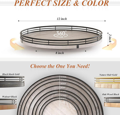 12" Farmhouse Lazy Susan for Kitchen & Coffee Table Decor – Rustic Wood Tray with Black Metal Frame, Decorative Centerpiece for Dining Room, Ottoman, Living Room, Serving or Vanity Use