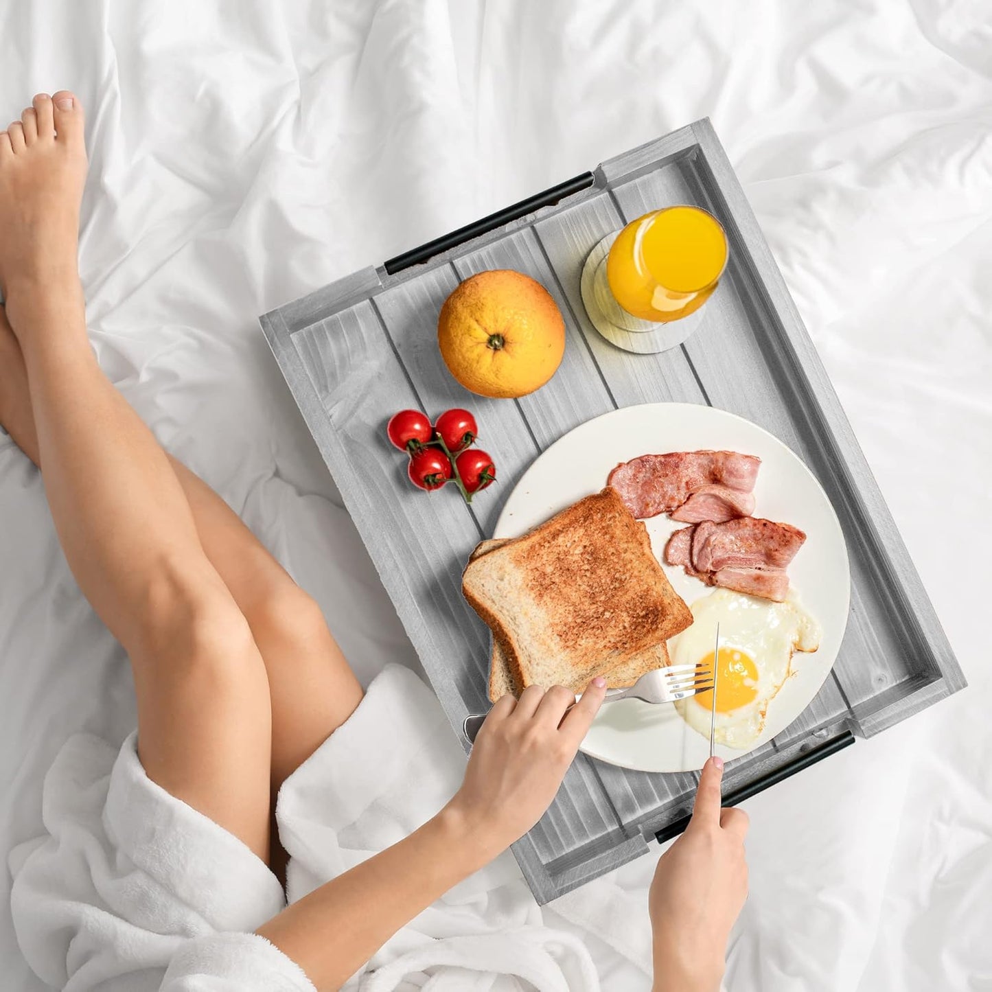 Ottoman Tray | Coffee Table Tray Decorative, Serving Tray with Handles - 17x13 Inch Wood Tray for Coffee Table Tray - with 4 Wooden Coasters -Tray for Ottoman, Breakfast