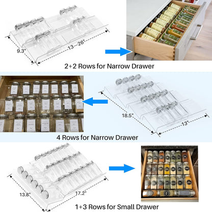 Antimbee Spice Drawer Organizer, 4 Tier- 4 Pack Acrylic Spice Rack Tray for Drawer, Expandable From 13" to 26" Kitchen Spice Rack Tray for Countertop Holds up 28 Spice Jars (Jars not Include)