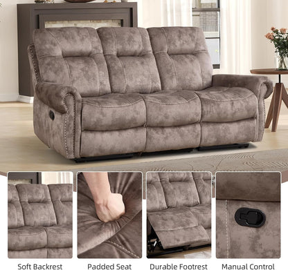 EBELLO 2 Pieces Manual Reclining Couch Furniture Set for Living Room, 2 Seat Loveseat and a 3 Seater Sofa, Vintage Rivet Mid-Century Design for Living Room, Brown