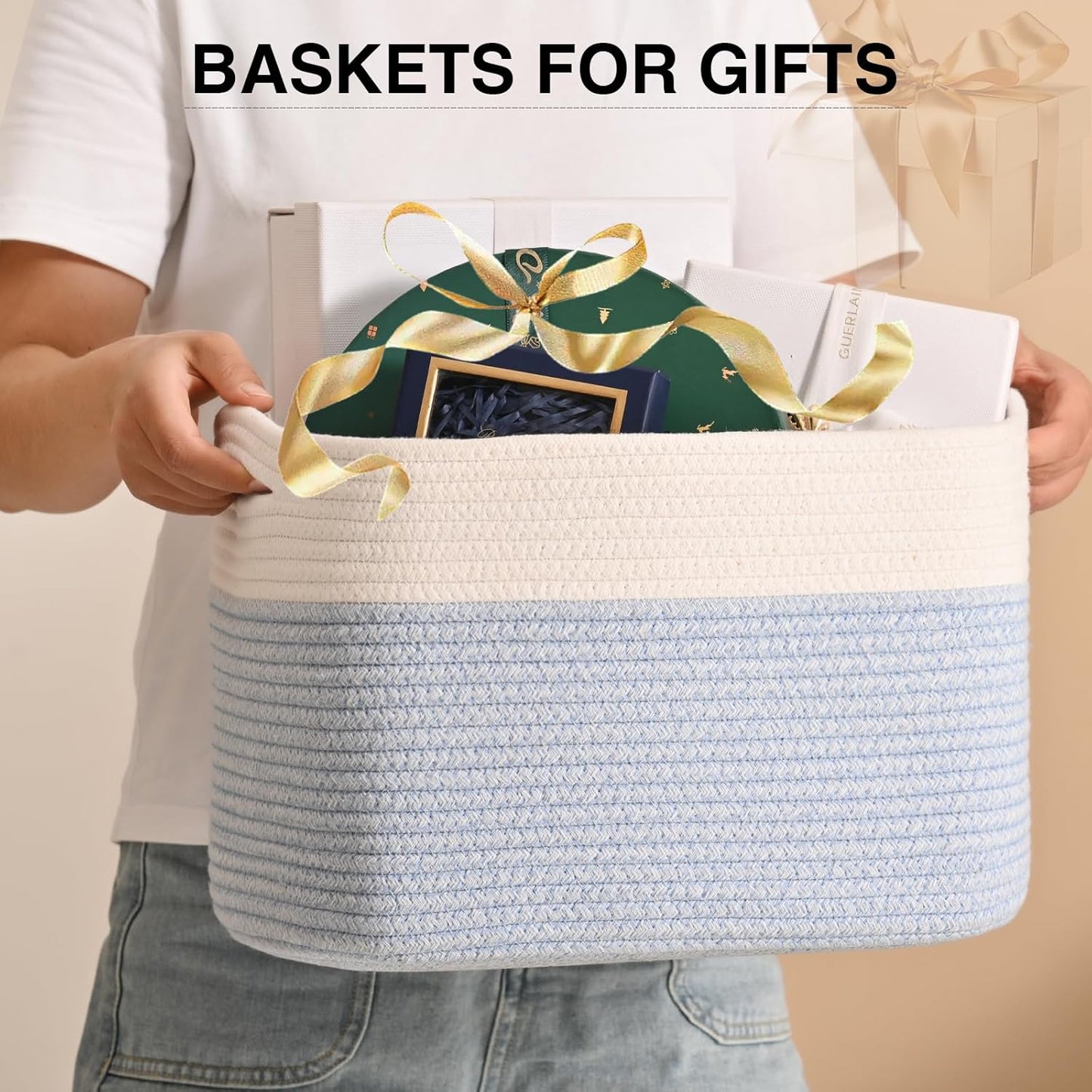 Woven Cotton Rope Storage Basket for Organizing, Cute Decorative Baskets for Gifts Empty, Organizer Bins for Dog Toy, Baby Laundry, 15“×11”×9.5“, Off White & Blue