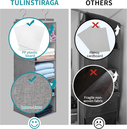 Large Hanging Sweater Organizer for Closet,Collapsible 6-Shelf Hanging Closet Shelves with Drawers, Washable (Beige -5 Shelf-1 d)