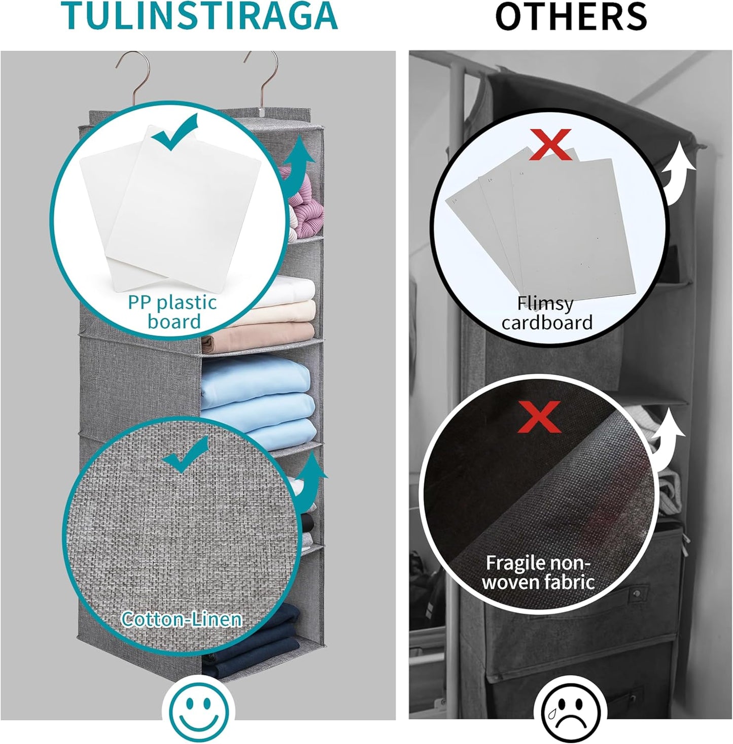 Large Hanging Sweater Organizer for Closet,Collapsible 6-Shelf Hanging Closet Shelves with Drawers, Washable (Beige -6 Shelf-1 d)