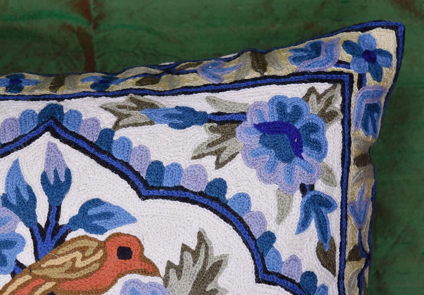 Blue Tree of Life Pillow Cover Blues Birds Floral Decorative Pillowcase Flower Outdoor Suzani Cushion Needlepoint Hand Embroidered Wool Size - 18x18