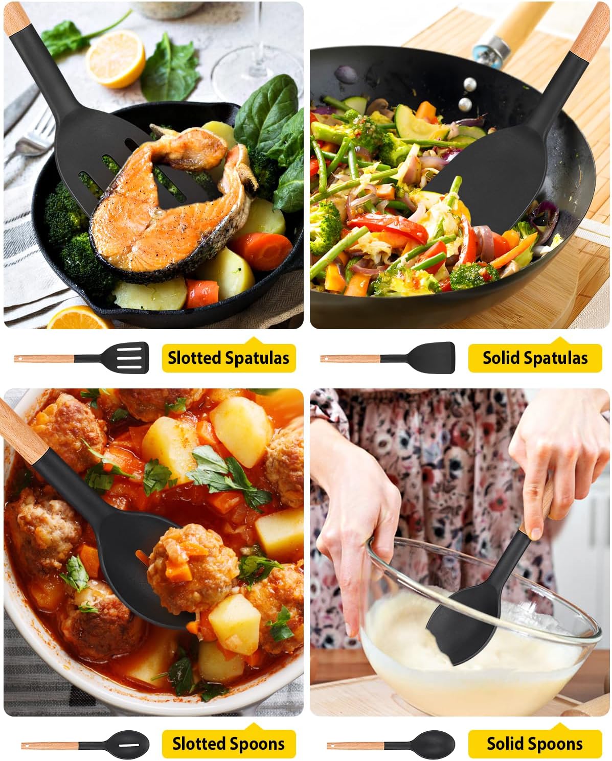 Pack of 4 Silicone Cooking Utensils Set, Non Stick Solid Spatulas and Heat Resistant Slotted Spoons with Wooden Handle, Ideal Wood Kitchen Utensils Set for Frying,Serving,Turning,Stirring (BLACK)