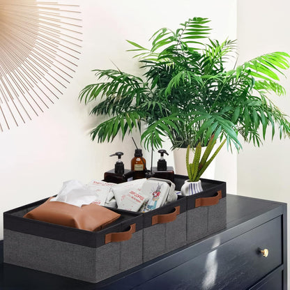 GhvyenntteS Small Fabric Storage Bins 12 Pack, 11.8" x 7.87" x 5.11" Storage Basket with Leather Handles, Closet Storage Bins for Shelves, Storage Baskets for Shelves, DVD Storage (Grey/Black)