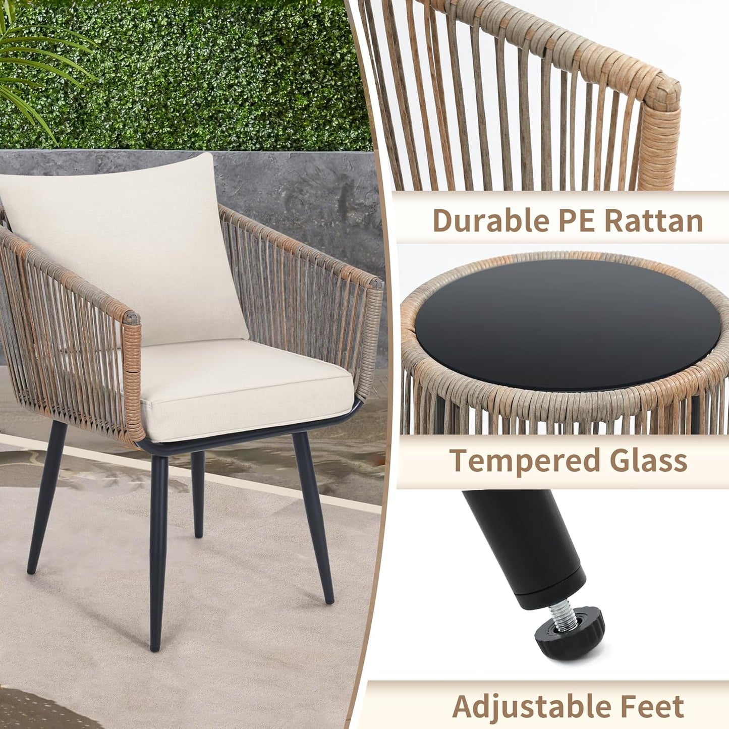 Kromax 3 Pieces Patio Rattan Bistro Conversation Set, Outdoor All-Weather Wicker Furniture Chairs and Side Table Set Ideal for Balcony, Porch and Backyard, Beige