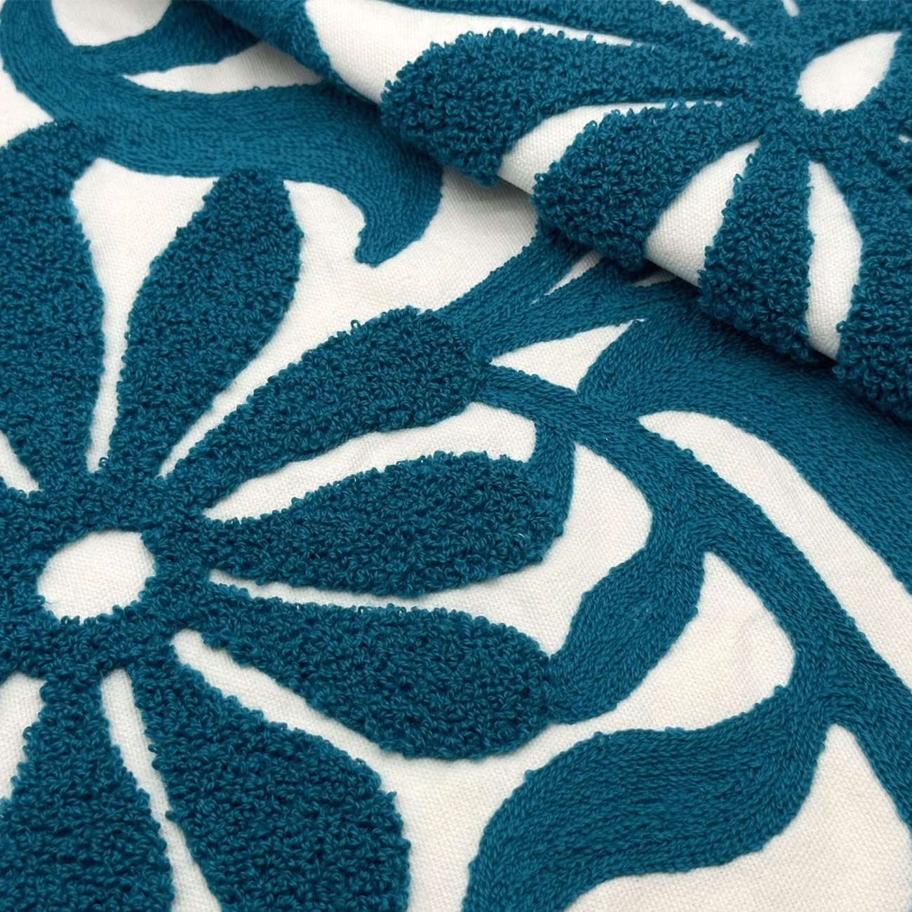 Alysheer Farmhouse Floral Leaves Embroidered Decorative Throw Pillow Cover 18x18 inches, Boho Tufted Flowers Embroidery Pattern Chic Cotton Cushion Case for Couch Bed Sofa Living Room(Teal Blue)