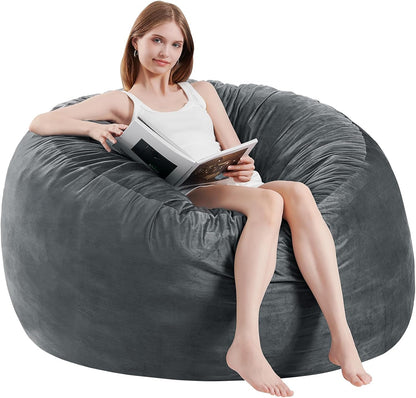 Bean Bag Chairs for Adults - Memory Foam Furniture BeanBag Chair - Kids/Teens Sofa with Soft Micro Fiber Cover - Round Fluffy Couch for Living Room Bedroom College Dorm - 4 ft, Grey
