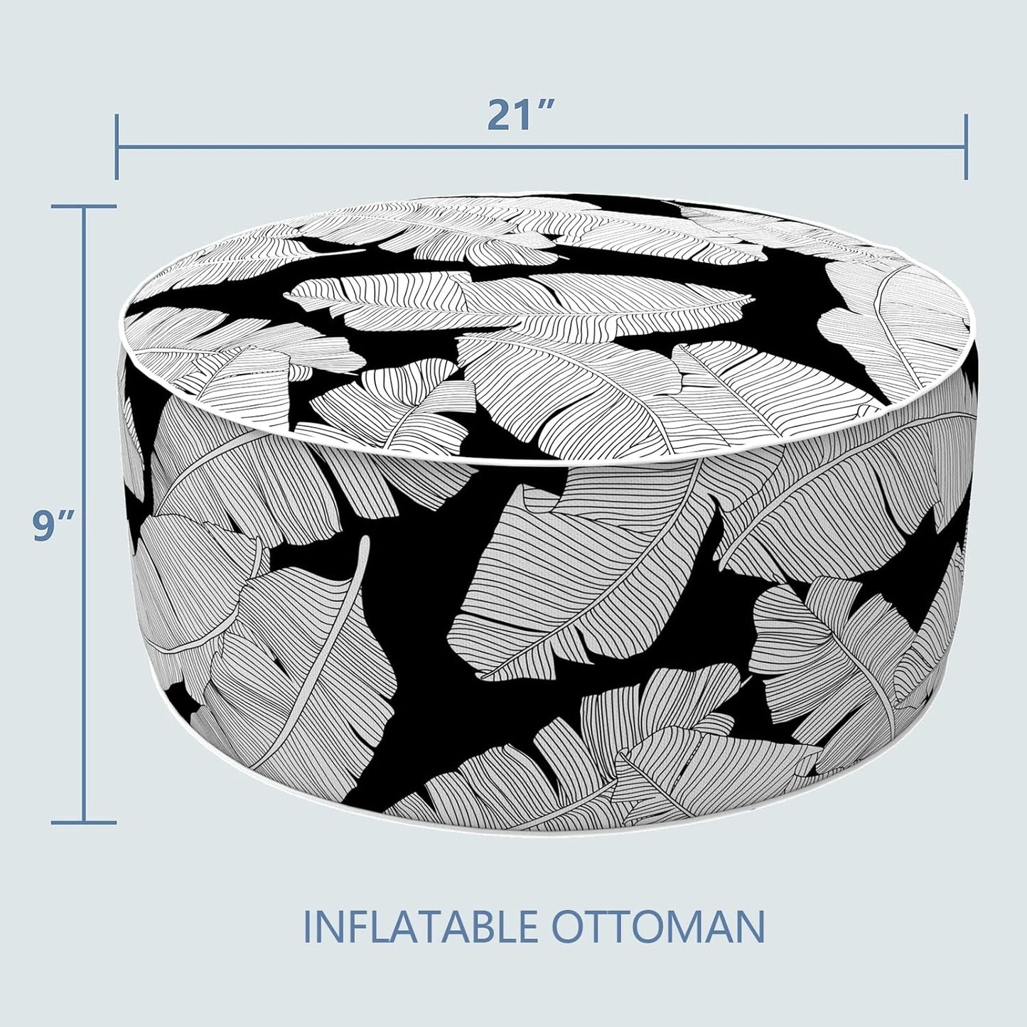 LVTXIII Inflatable Stool Ottoman Footrest with Handle, Indoor or Outdoor Foot Rest for Home Patio Garden and Camping, D21 x H9, Black Lush Leaf Jungle