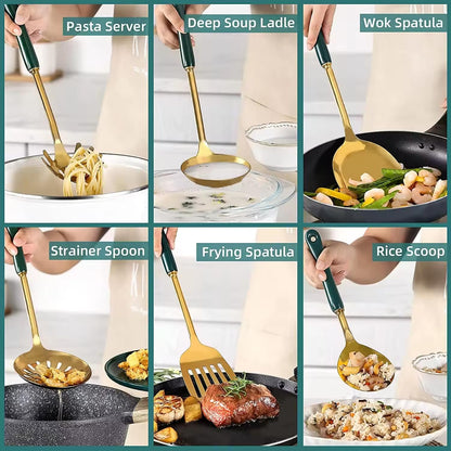 Generic Stainless Steel Kitchen Utensil Set, Spoon, Spatula, Pasta Server, Small Spatula (Black & Gold)