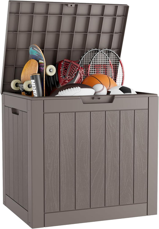 KAMABOKO Deck Box, 32 Gallon Resin Indoor and Outdoor Storage Boxes Waterproof for Garden Tools, Pool Accessories Storage Bench, Patio Furniture and Cushions with Lockable Lid, Grey