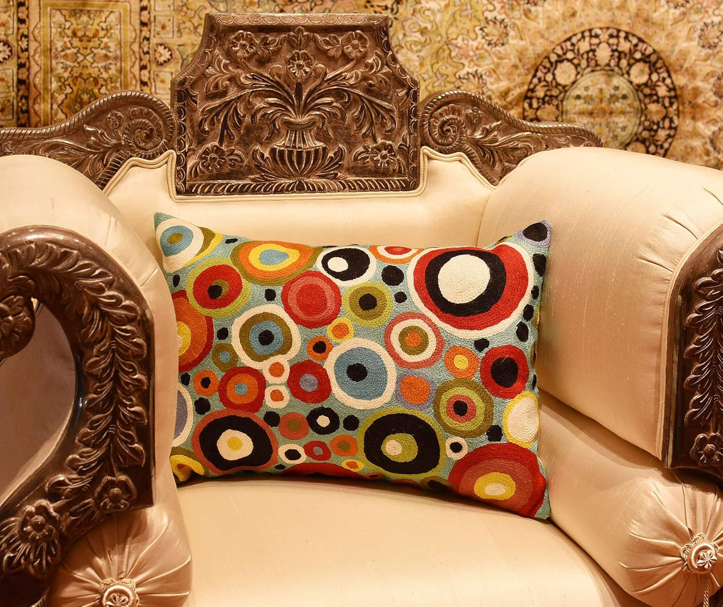 Lumbar Polka Dots Pillow Cover Turquoise Contemporary Decorative Pillowcase Blue Modern Outdoor Chair Cushion Couch Boho Cushions Hand Embroidered Cushions Wool Size - 14x20