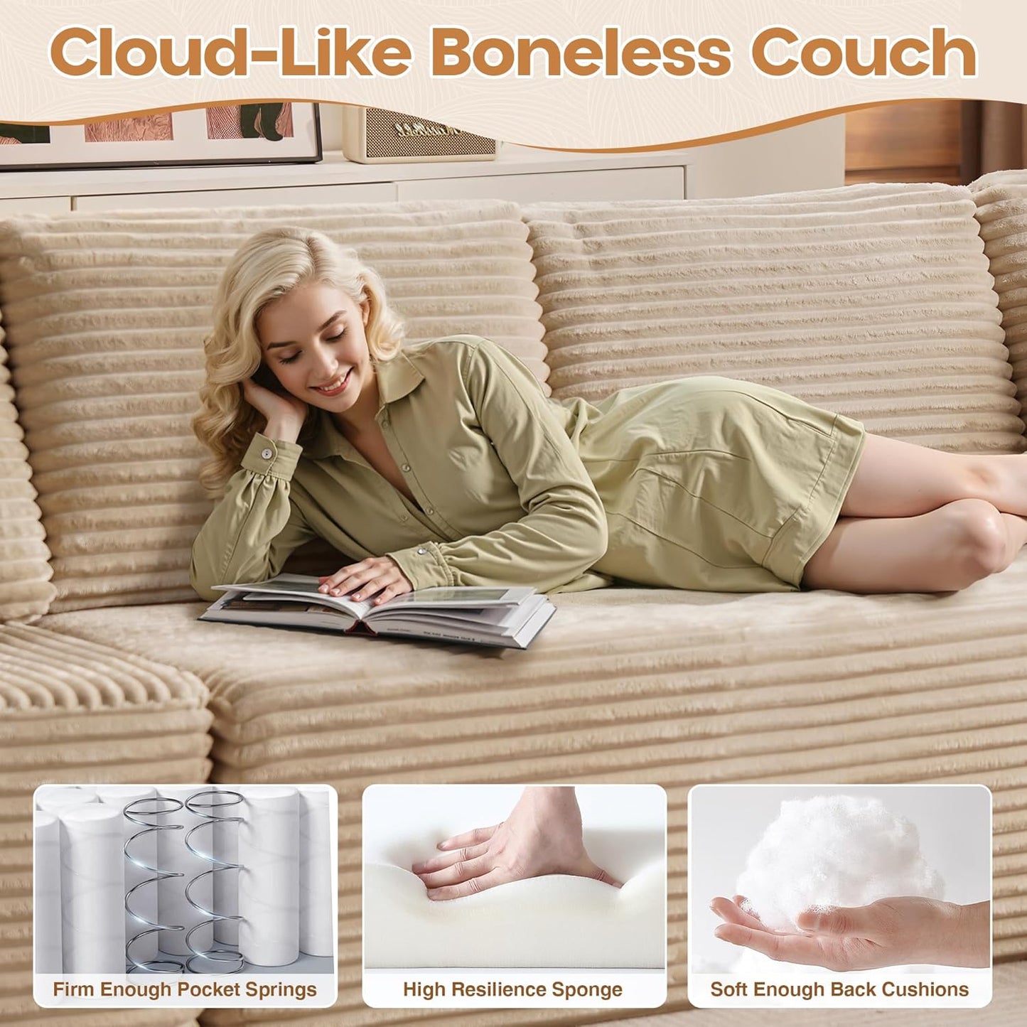 Cloud Sectional Couches for Living Room,U Shaped Modular Sofas No Assembly,135x79 Inches Plush Corduroy Oversized Floor Couch Set with Deep Seat Chaise,Beige