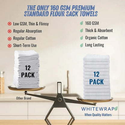 Flour Sack Towels| Tea Towel for Crafts| Kitchen Dish Cotton Blank Towel for Embroidery|Baking Bread Proofing Linen Cover| Thick Absorbent Quick Dry| 12 Pack 28"x28" White