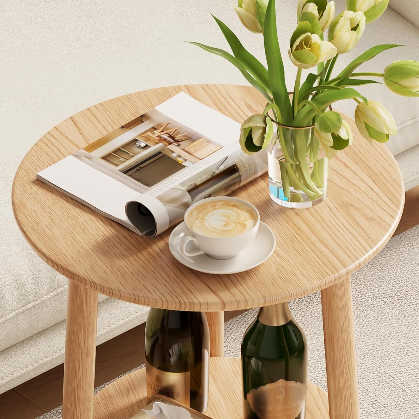 Round End Table,Solid Wood Small Round Table with Lower Shelf,Round Side Table，Nightstand for Small Spaces,Living Room,Bedroom(Natural)