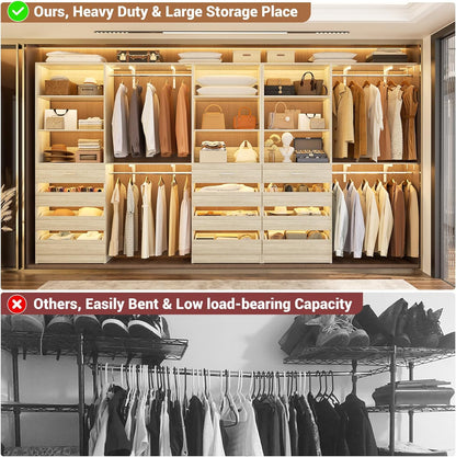 Aheaplus Closet System Set of 3, 138.5" Wood Closet Organizer System Tower with 12 Drawers & 4 Hanging Rods, 6.7+4.85Ft L Shaped Walk-in Closets Wardrobe Organizer Garment Rack with Shelves, White Oak