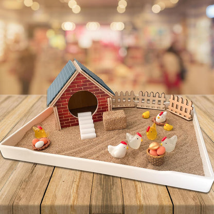 Threeheng Chicken Zen Garden Kit - Sand Tray Therapy Kit with Miniature Chicken Coop, Hen Figurines, and Accessories - Desk Sand Box for Meditation and Stress Relief - Fun Gift