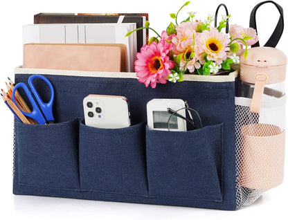 Bedside Caddy Bedside Organizer Bedside Storage Caddy with Fixed Straps and Water Bottle Holder for Home College Dorm Bunk Bed Hospital Bed Crib Bed Rails (Navy Blue)