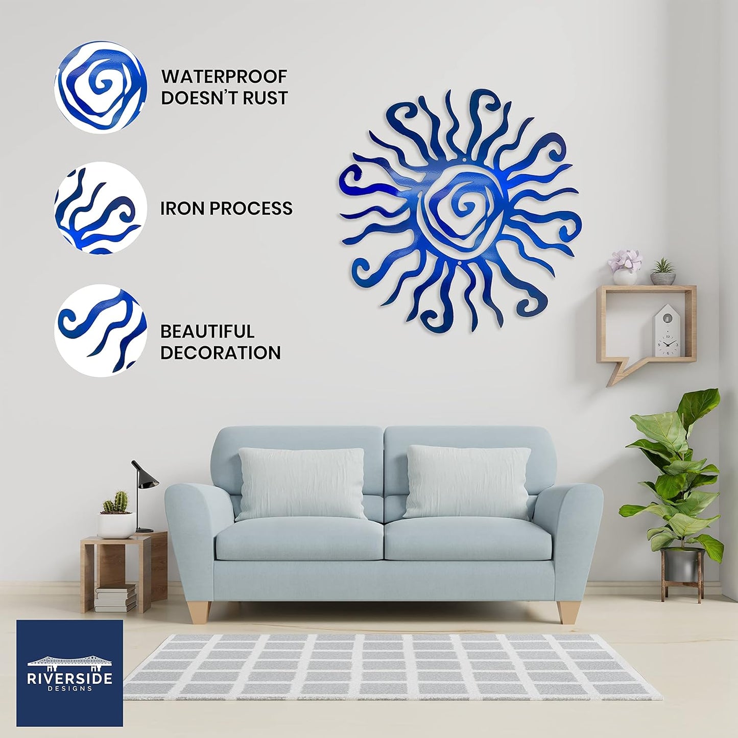 Riverside Designs Wacky Sun Metal Wall Art Indoor/Outdoor Decor - 24" Blue Rust Proof Wall Sculpture - Made in USA - Ideal for Bedroom, Garden, Home, Patio and Farmhouse