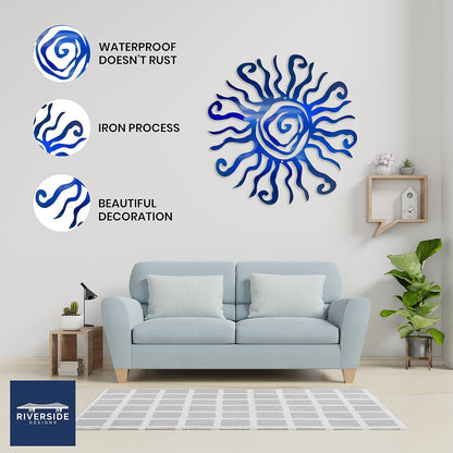 Riverside Designs Wacky Sun Metal Wall Art Indoor/Outdoor Decor - 18" Blue Rust Proof Wall Sculpture - Made in USA - Ideal for Bedroom, Garden, Home, Patio and Farmhouse