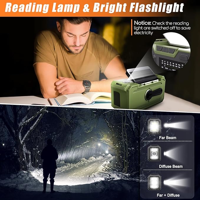 30000mAh Emergency Weather Radio, AM/FM/NOAA Weather Alert Radio Hand Crank/Solar/Type-C Fast Rechargeable Outdoor Radio with Reading Lamp/SOS Alarm/3 Mode Flashlight/Power Bank (Grassy Green)