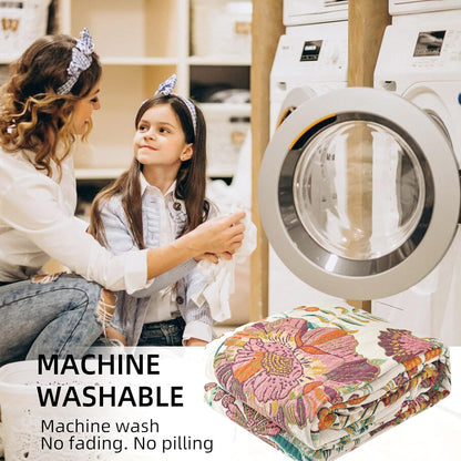 Boho Throw Blanket for Bed - 100% Pure Cotton Ultra Soft Rustic Quilt - Farmhouse Decor Bed Blankets, All Season Rustic Throw for Sofa Couch Chair(80''x 90'', Floral Blossom)